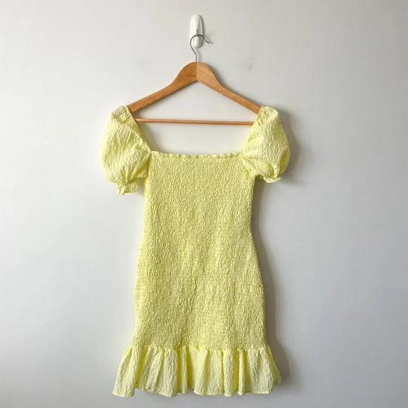 Zara Smocked Textured Ruffle Hem Mini Dress Pastel Yellow Blogger Fav Sz S - Picture 7 of 10